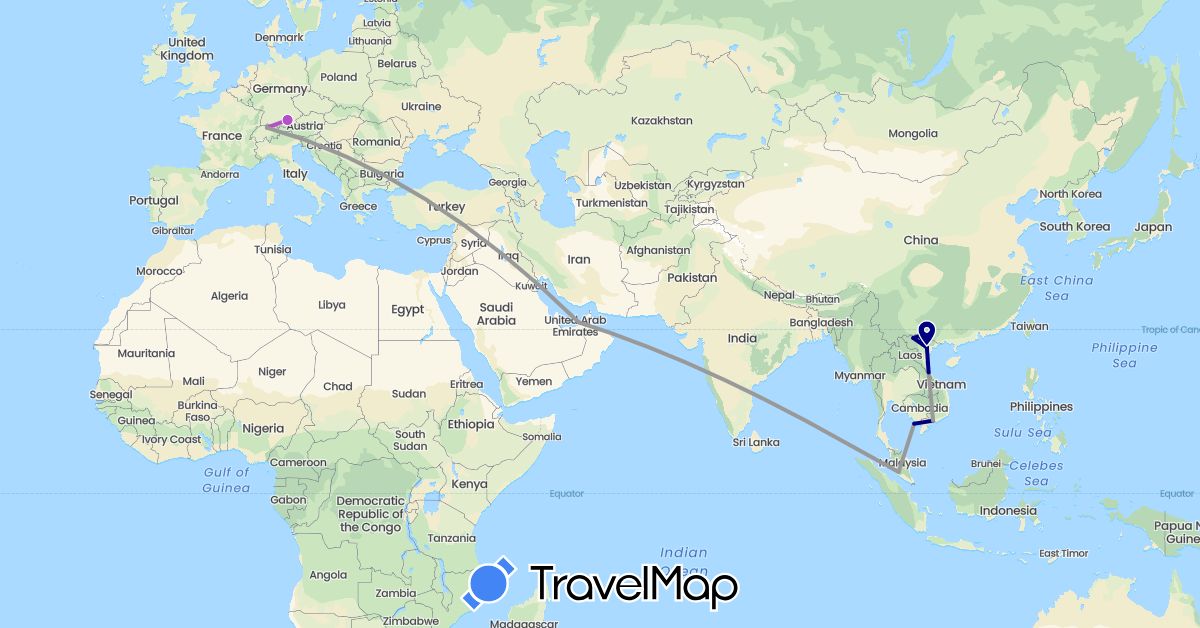 TravelMap itinerary: driving, plane, train in United Arab Emirates, Switzerland, Germany, Malaysia, Vietnam (Asia, Europe)